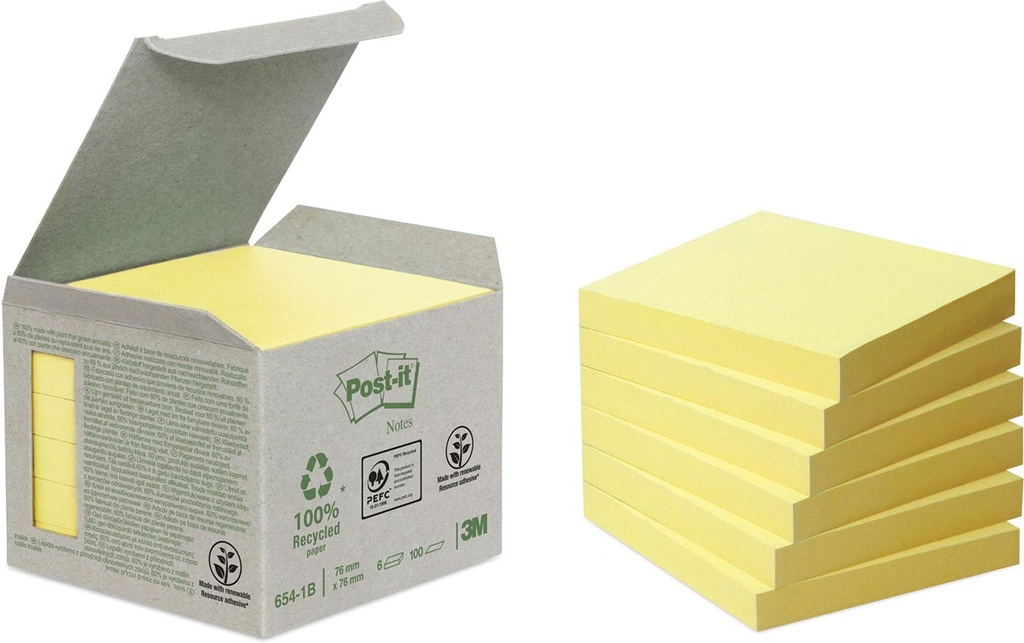 Memoblok Post-It Recycled 76x76mm 100vel geel (6)