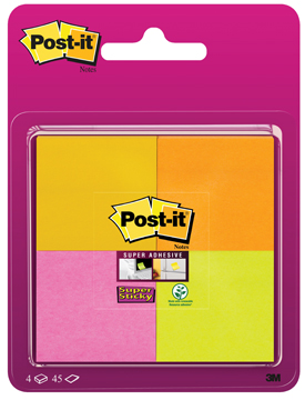 Memoblok Post-it Super Sticky 47,6x47,6mm assorti neon (4)