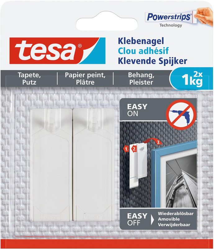 Kleefspijker Tesa zelfklevend op behang en pleisterwerk draagvermogen 1kg blister (2)