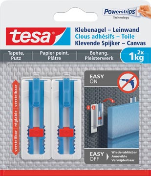 Kleefspijker Tesa Canvas draagkracht 1kg voor behang en pleisterwerk wit 2 spijkers en 3 strips