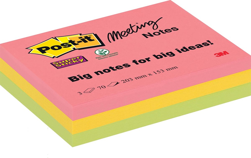 Memoblok Post-It Super Sticky Meeting Notes 203x152mm 70vel assorti (3)