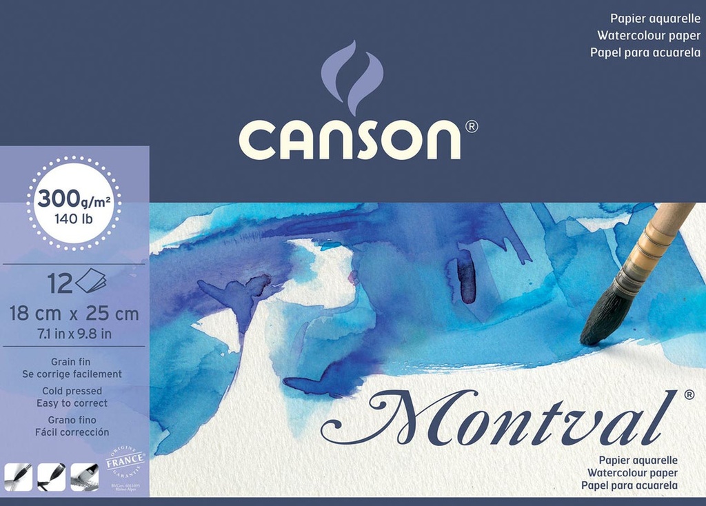 Aquarelpapierblok Canson Montval 18x25cm wit met fijne korrel 300g 12vel