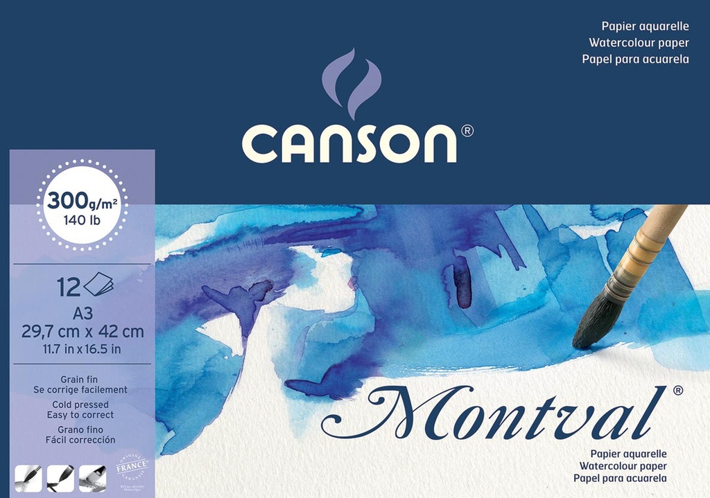 Aquarelpapierblok Canson Montval A3 wit met fijne korrel 300g 12vel