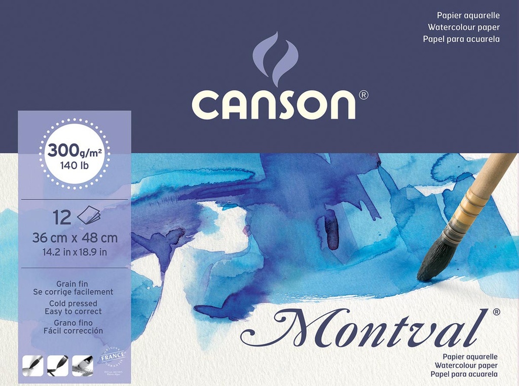 Aquarelpapierblok Canson Montval 36x48cm wit met fijne korrel 300g 12vel