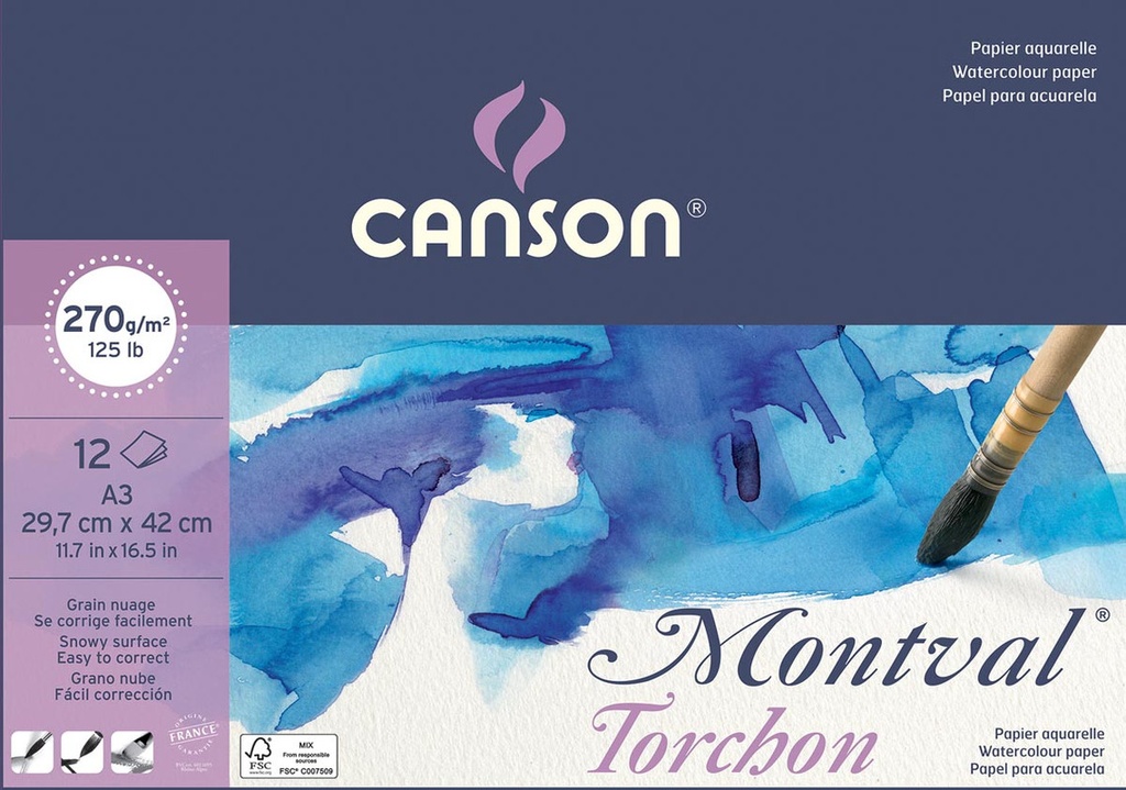 Aquarelpapierblok Canson Montval A3 wit met grove korrel 270g 12vel