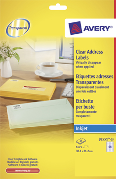 Etiket Avery Address 65 etik/bl 38,1x21,2mm voor inkjet transparant (25)