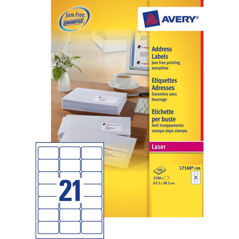 Etiket Avery Address 21 etik/bl 63,5x38,1mm voor laser wit (100)